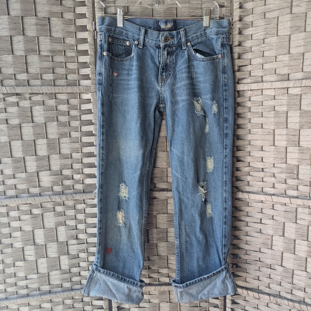 Y2K Angels Blue Jeans Distressed Embroidered Heart Cuffed Straight Leg Denim 7